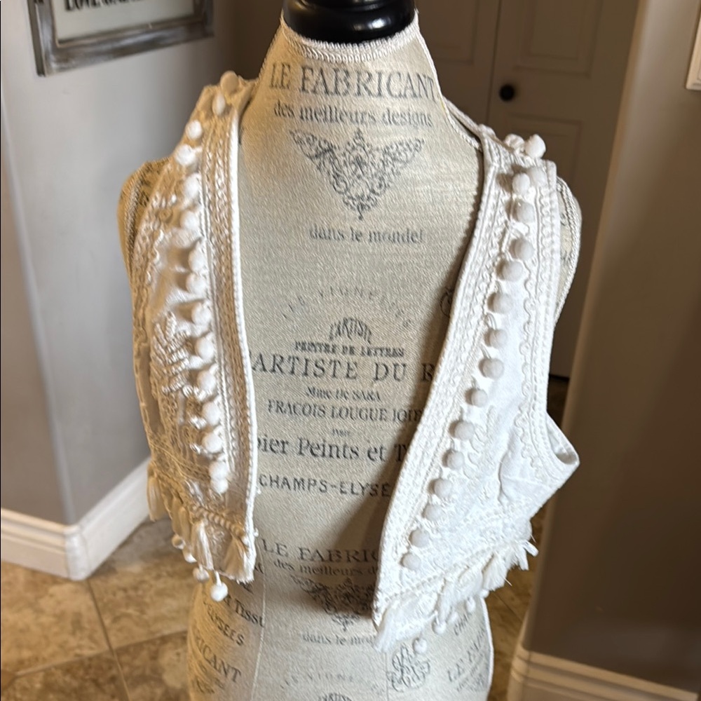 Shyanne White Embroidered Vest with Pom Pom Details